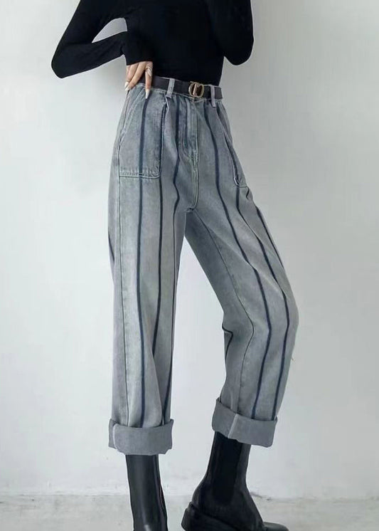 Blue High Waist Striped Patchwork Jeans Spring