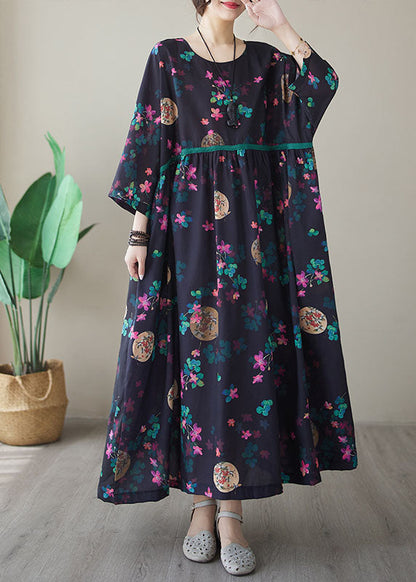 Navy Print Maxi Dresses Long Sleeve