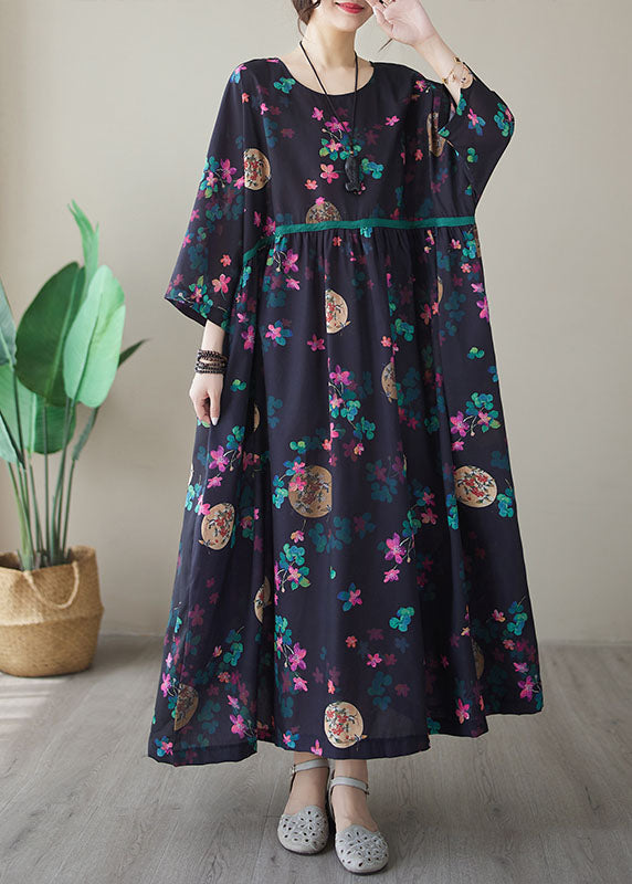 Navy Print Maxi Dresses Long Sleeve
