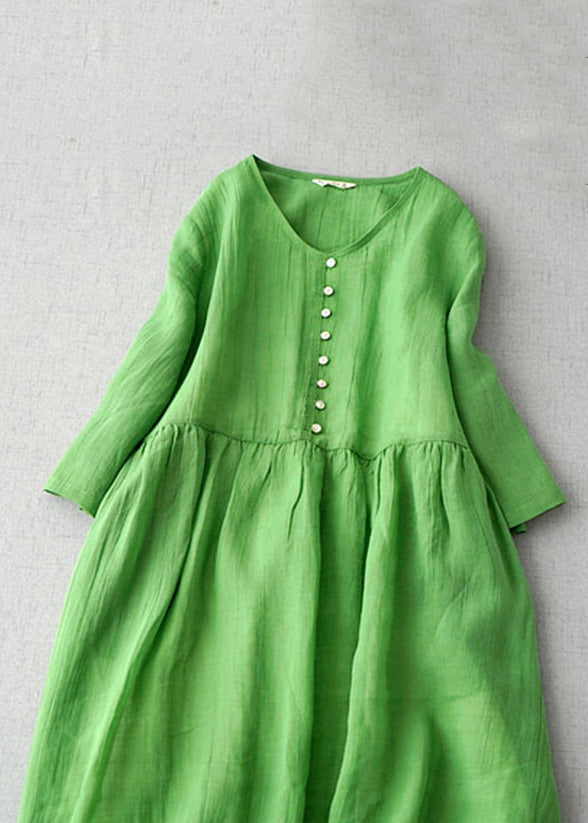 New Green V Neck Linen Long Dress Bracelet Sleeve