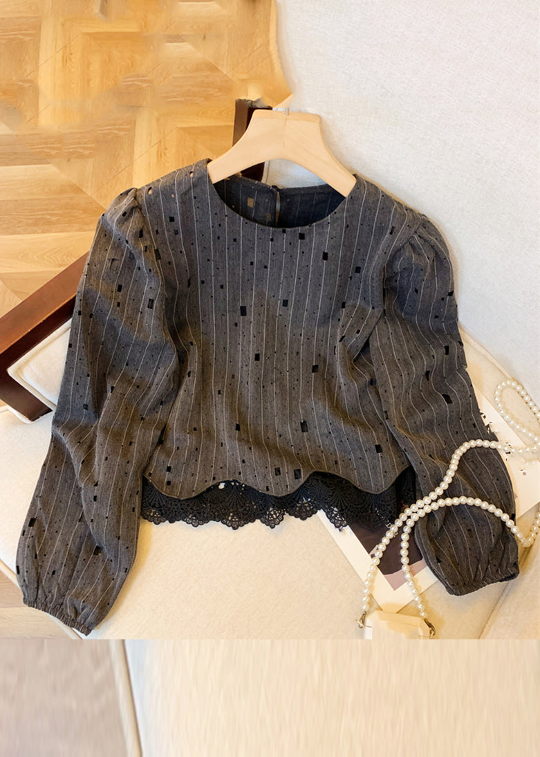 Khaki Patchwork Hole Hollow Out Shirts Fall