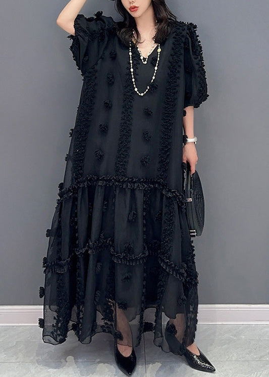 Black V Neck Tulle Maxi Dresses Short Sleeve