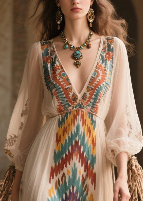 Beige Print Draping Chiffon Long Dress Bracelet Sleeve