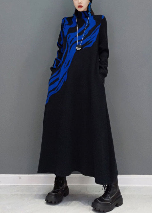 Blue Turtle Neck Knit Long Dress Spring