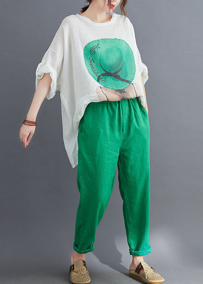 Green Cotton Loose Two Pieces Set O-neck Low High Design Batwing Sleeve