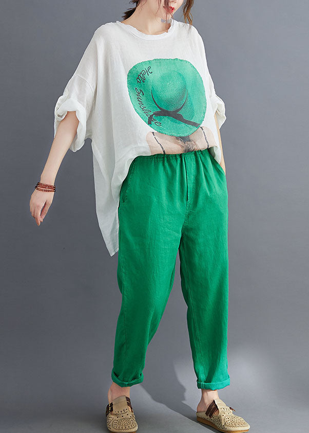 Green Cotton Loose Two Pieces Set O-neck Low High Design Batwing Sleeve