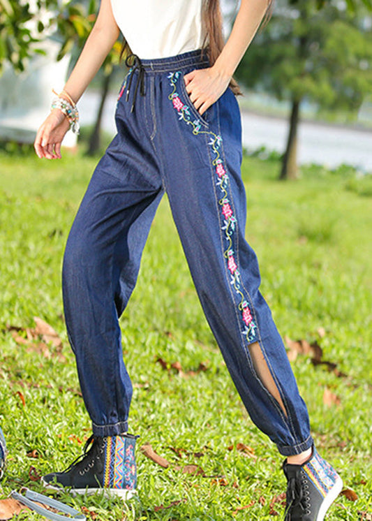 Denim Blue Embroideried High Waist Cotton Lantern Pants Summer