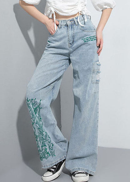 Natural Blue Hole Embroideried Pockets Wide Leg Pants Spring