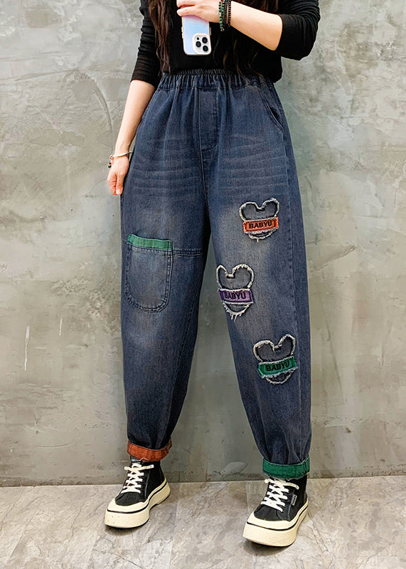 Blue Pockets Patch Elastic Waist Denim Pants Spring