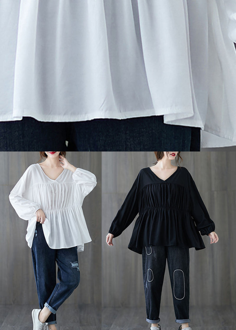 White Loose V Neck Wrinkled Fall Long Sleeve Shirt Top
