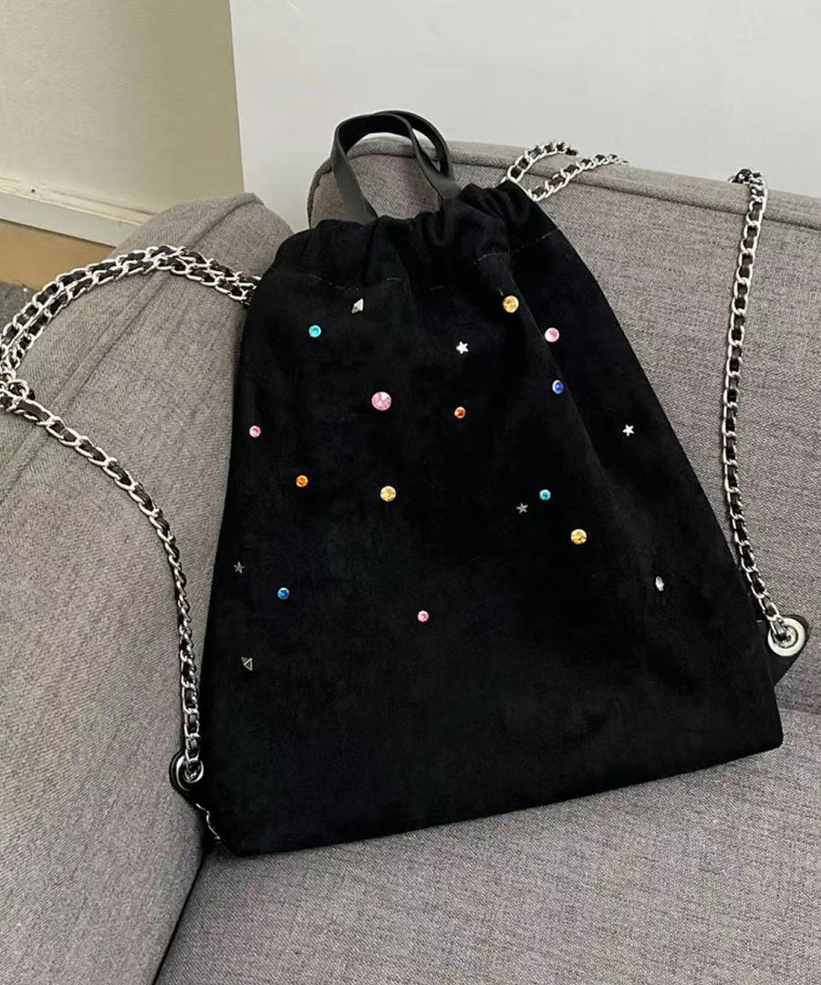 Black Velour Gem Stone Patchwork Faux Leather Backpack Bag