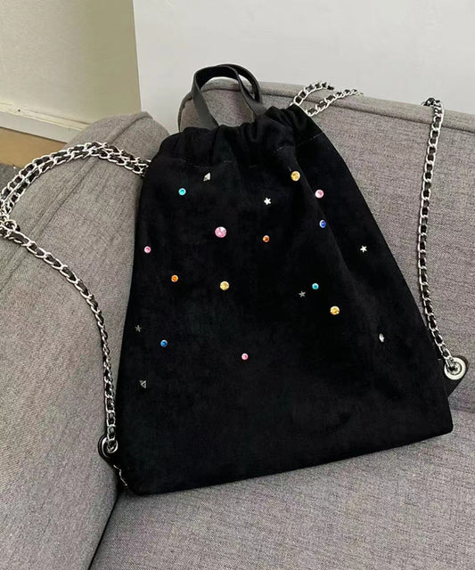 Black Velour Gem Stone Patchwork Faux Leather Backpack Bag