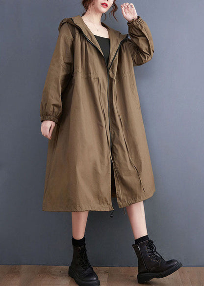 Coffee Zip Up Drawstring Wrinkled Cotton Hoodie Coat Spring