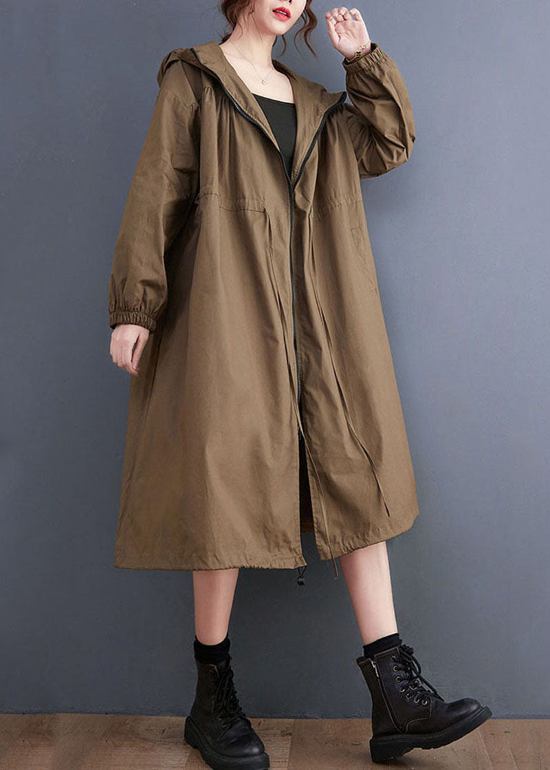 Coffee Zip Up Drawstring Wrinkled Cotton Hoodie Coat Spring