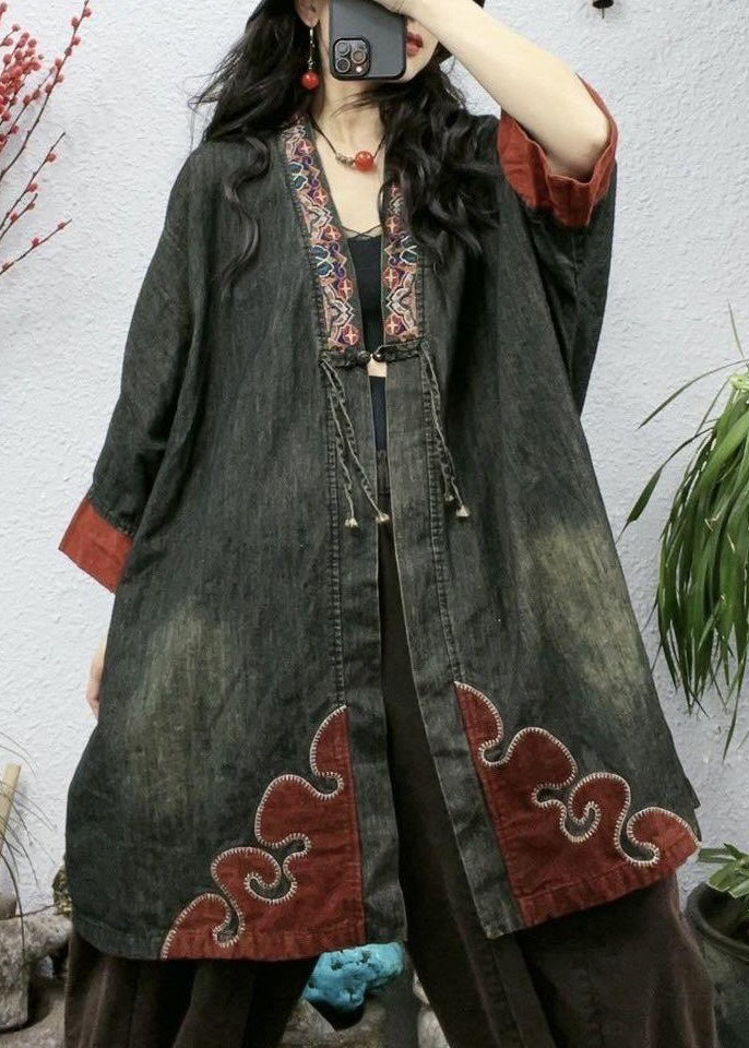Black Embroidered Button Cotton Coat Bracelet Sleeve