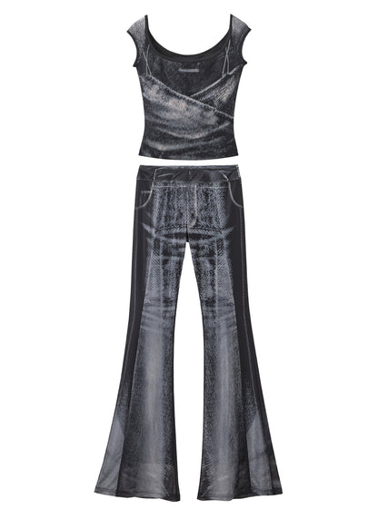 Stylish Black Ice Silk Vest and Flare Jeans Two Pieces Set Sleeveless