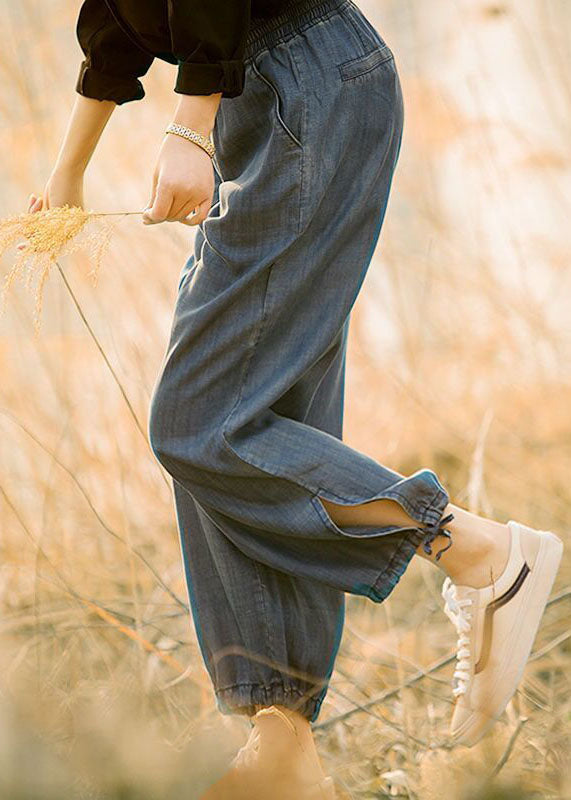 Denim Blue Elastic Waist Drawstring Draping Cotton Beam Pants Trousers Summer