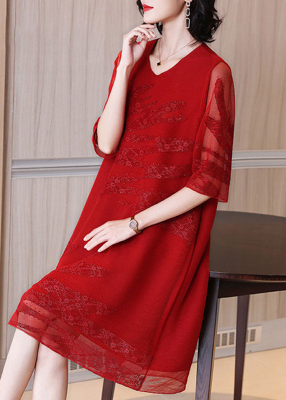 Pink O-neck Embroideried Tulle Maxi Dresses Fall