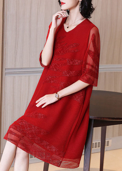 Pink O-neck Embroideried Tulle Maxi Dresses Fall