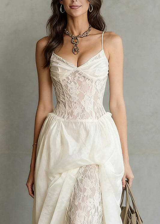 White V Neck Lace Patchwork Spaghetti Strap Dress Sleeveless