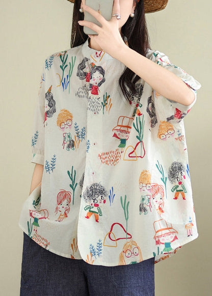 White Print Button Shirts Summer