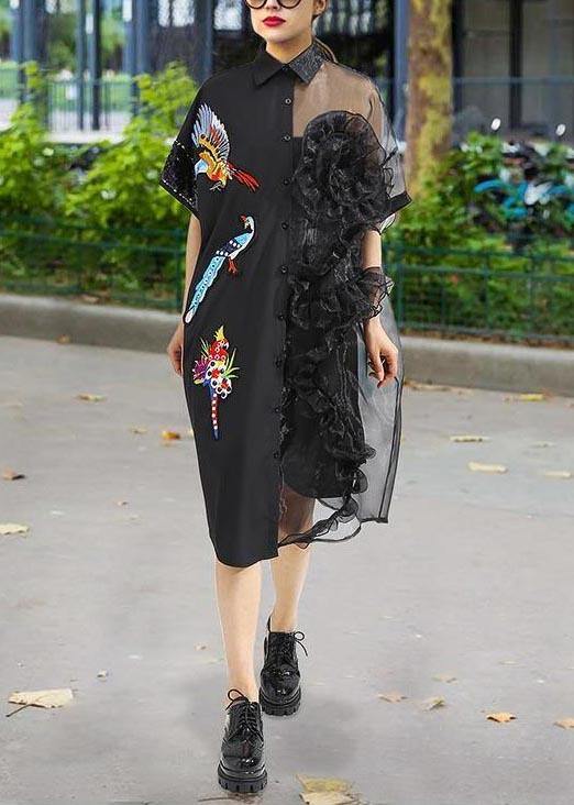 Summer Woman Black Mesh Chiffon Shirt Dresses