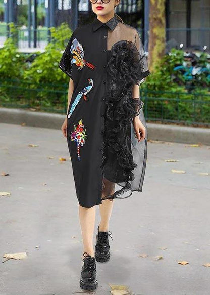 Summer Woman Black Mesh Chiffon Shirt Dresses