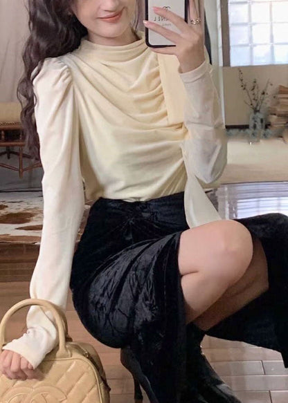Coffee Turtleneck Wrinkled Bow Silk Velour Shirt Puff Sleeve