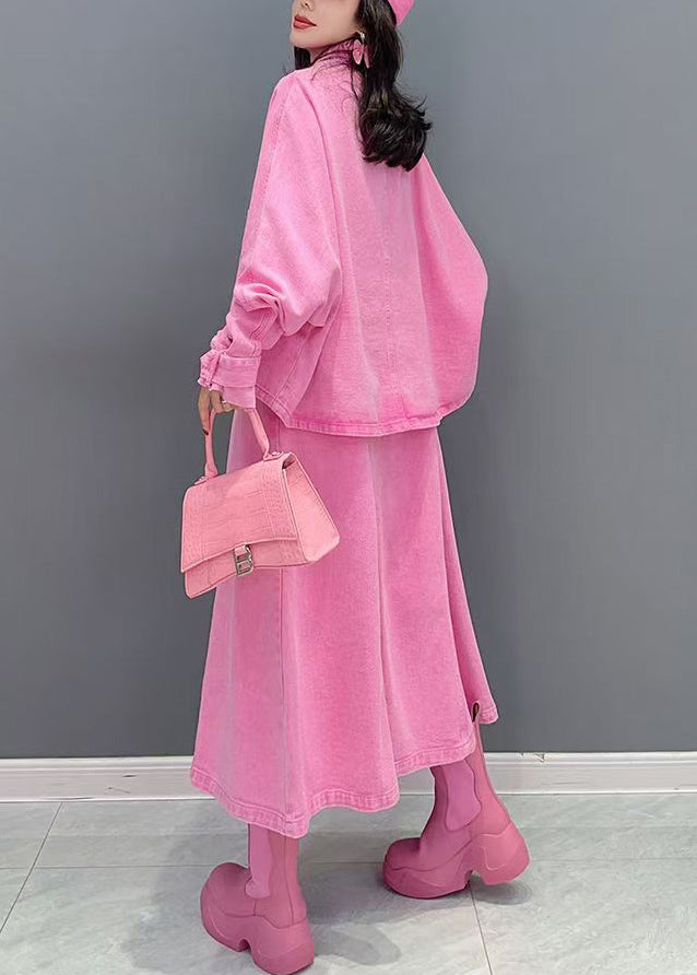 Pink Peter Pan Collar Coats and Long Dresses Two Pieces Set Puff Sleeve