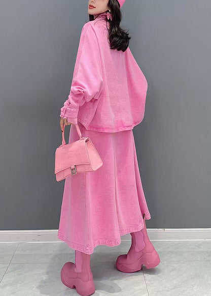 Pink Peter Pan Collar Coats and Long Dresses Two Pieces Set Puff Sleeve