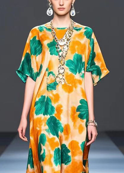 Orange Oversized Print Silk Party Dress Summer
