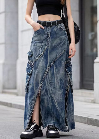 Blue Zip Up Pockets Tie Dye Denim Skirts Spring