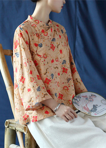 Khaki Button Print Linen Shirt Tops Three Quarter Sleeve