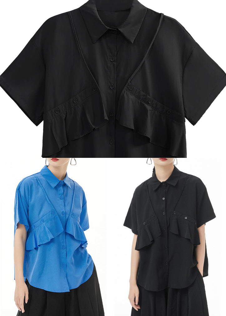 Black Peter Pan Collar Asymmetrical Design Shirt Tops Short Sleeve