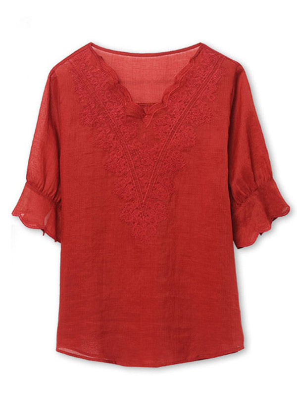 Red V Neck Embroideried Patchwork Linen Tops Summer