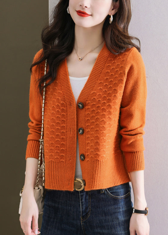 Orange V Neck Button Wool Knit Cardigan Winter