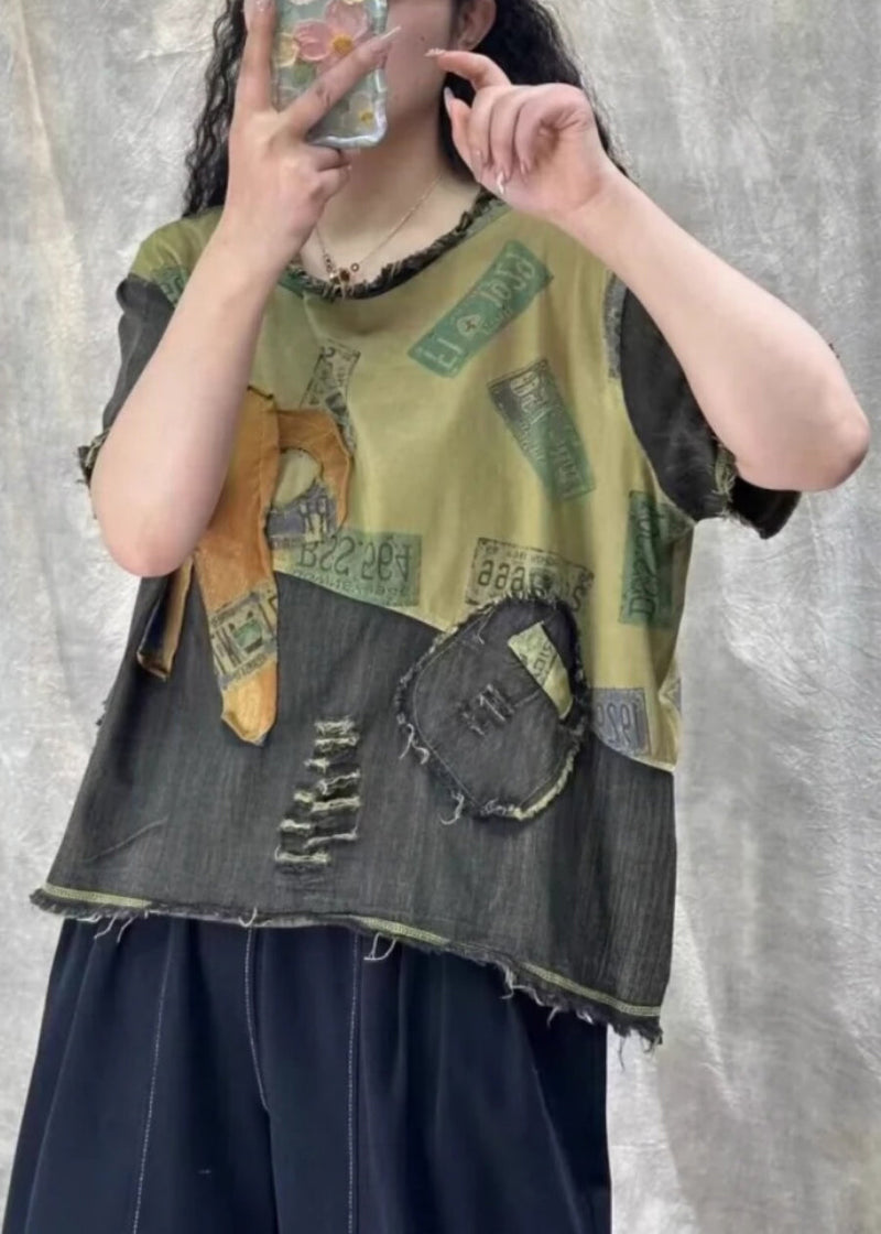 Orange Print Hole Patchwork T Shirt Denim Summer