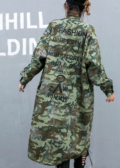 Camouflage Rivet Print Pockets Fall Denim Long Sleeve Trench Coats Coat