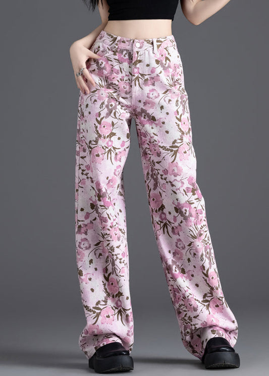 Pink Print Denim Straight Pants Spring