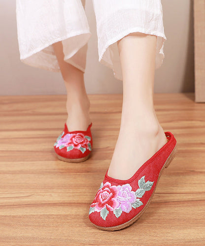 Red Slide Sandals Embroideried Linen Fabric Slides for