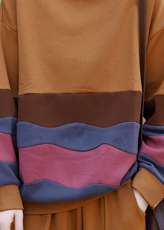 Yellow O-neck Striped Patchwork Top Long Sleeve