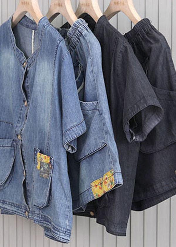 French Pockets Hot Pants Denim Black Short Sleeve Two Pieces Set