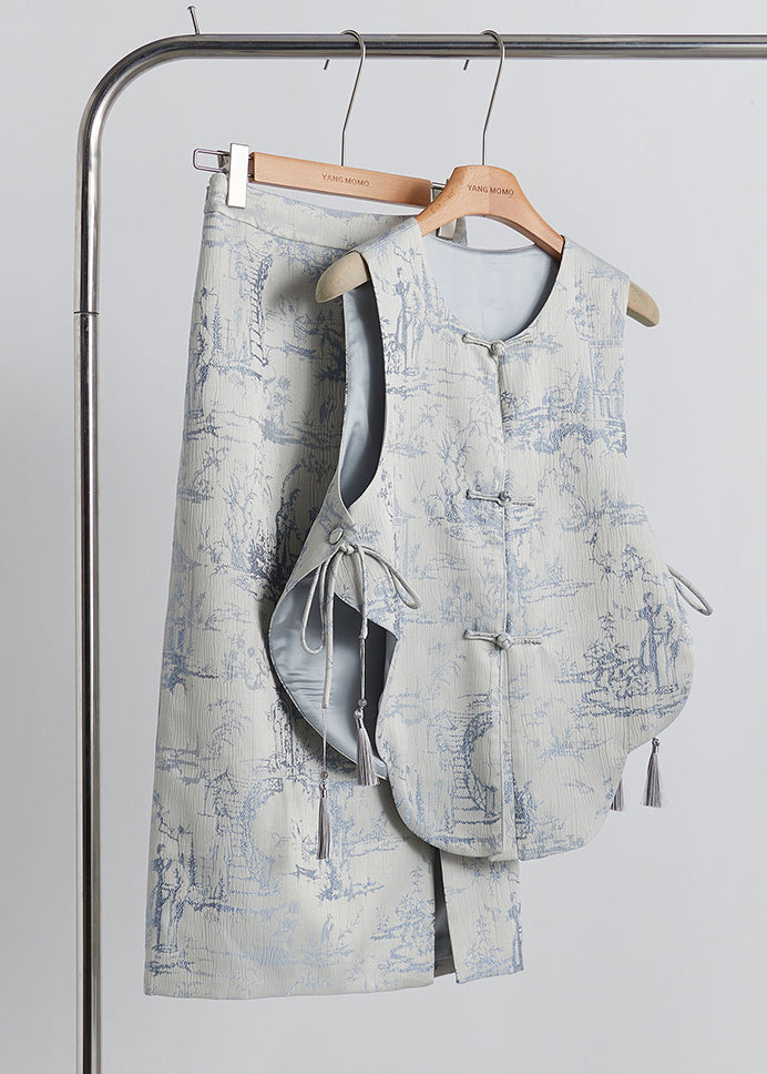 New Retro Grey Jacquard Cotton Two Pieces Set Fall