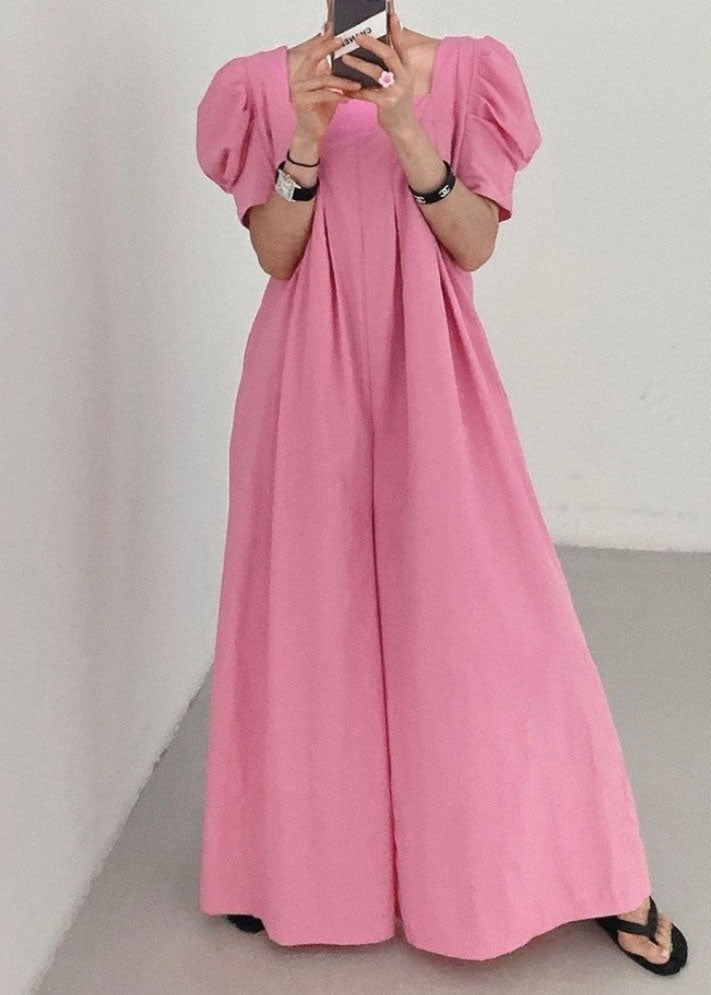 Rose Square Collar Oversized Linen Jumpsuits Wide Leg Pants Summer