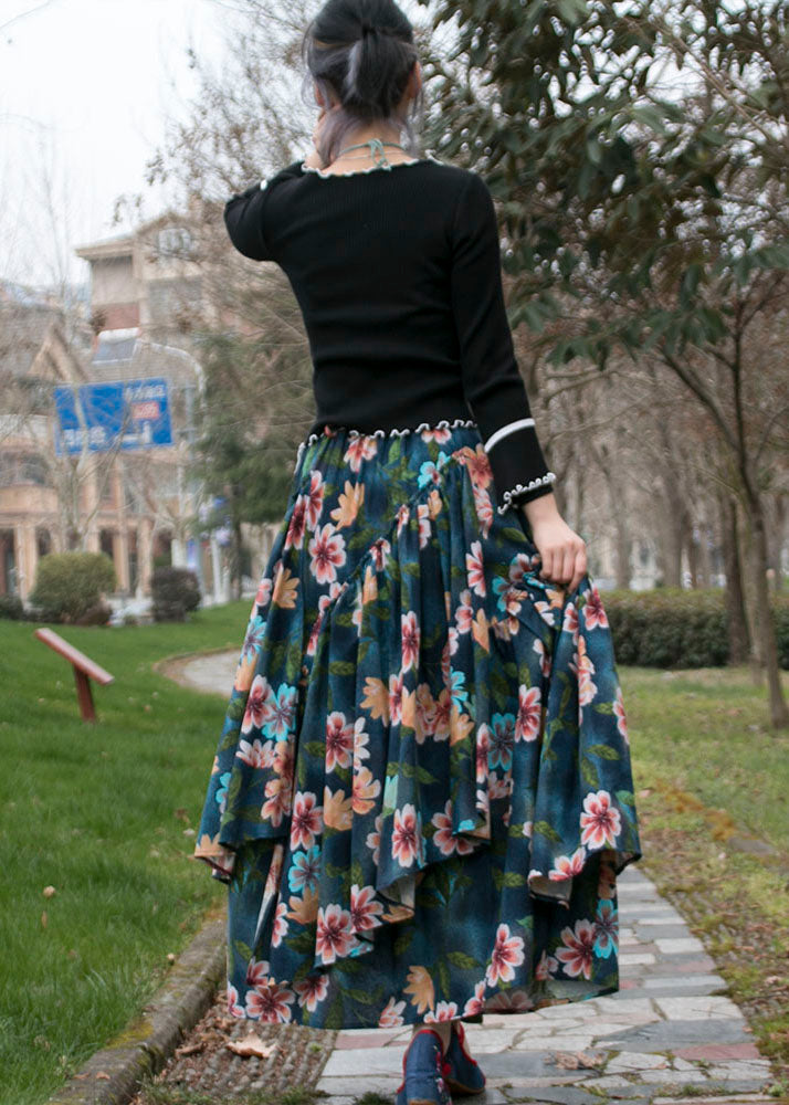 Green Wrinkled Asymmetrical Print Patchwork Cotton Skirts Fall