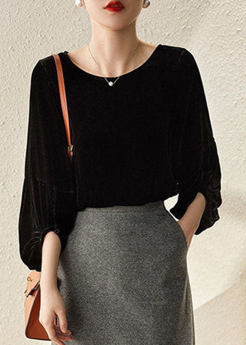 Italian Black O-neck Velour Loose Tops Lantern Sleeve