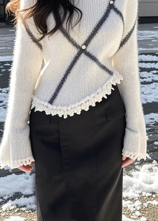 Beige O Neck Patchwork Knit Sweaters Flare Sleeve