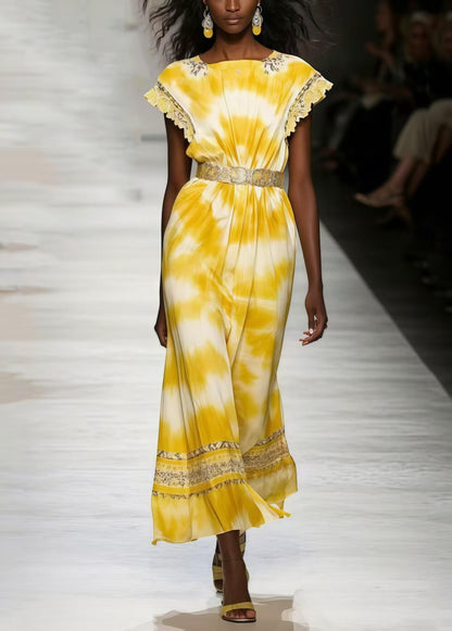 Yellow Tie Dye Chiffon Tunic Dresses Sleeveless