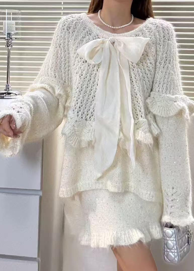 White Hollow Out Knit Two Pieces Set Bow Fall