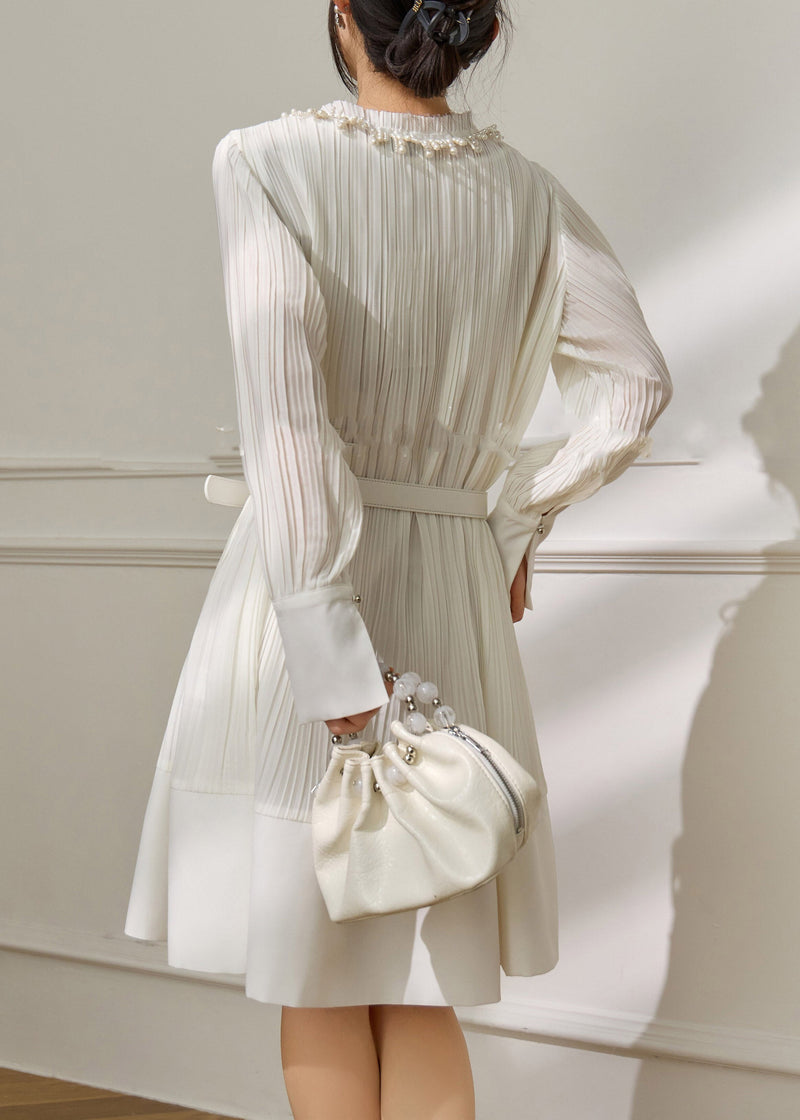 French White Stand Collar Pearl Sashe Long Dress Long Sleeve